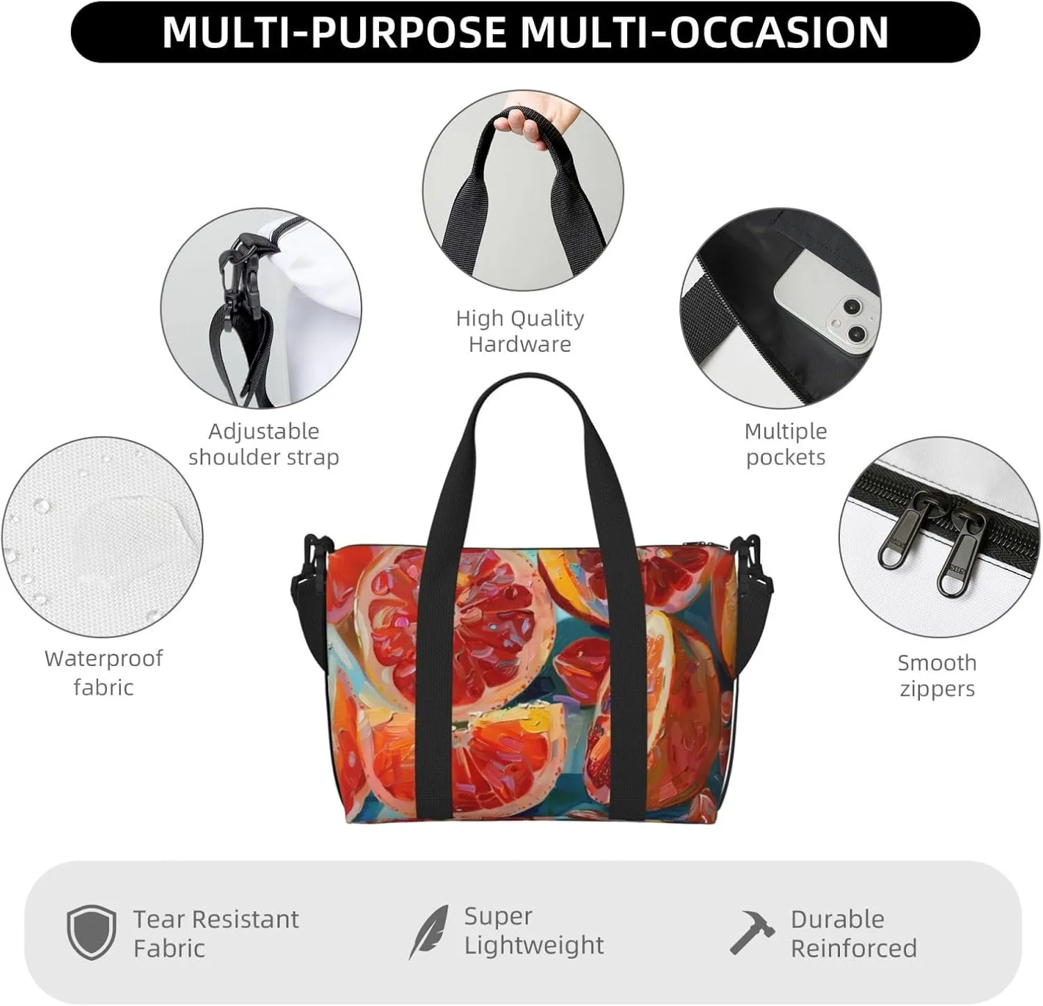 red cut in half orange print Travel Duffel Bag, Sports Tote Gym Bag, Swim Pool Bag Large Shoulder Tote Bag for Beach Weekender