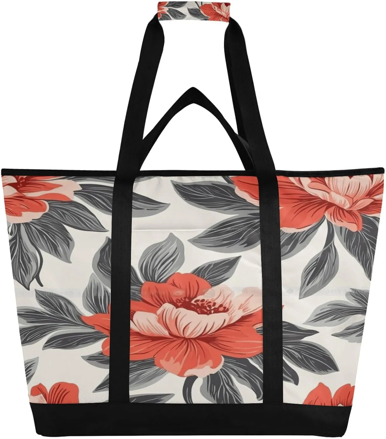 Red Flowers Reusable Insulated Lunchbox Cooler Bag, Leakproof Kitchen Grocery Bag Collapsible Portable Cooler Tote Bag for Picnic, Camping, Office, Travel