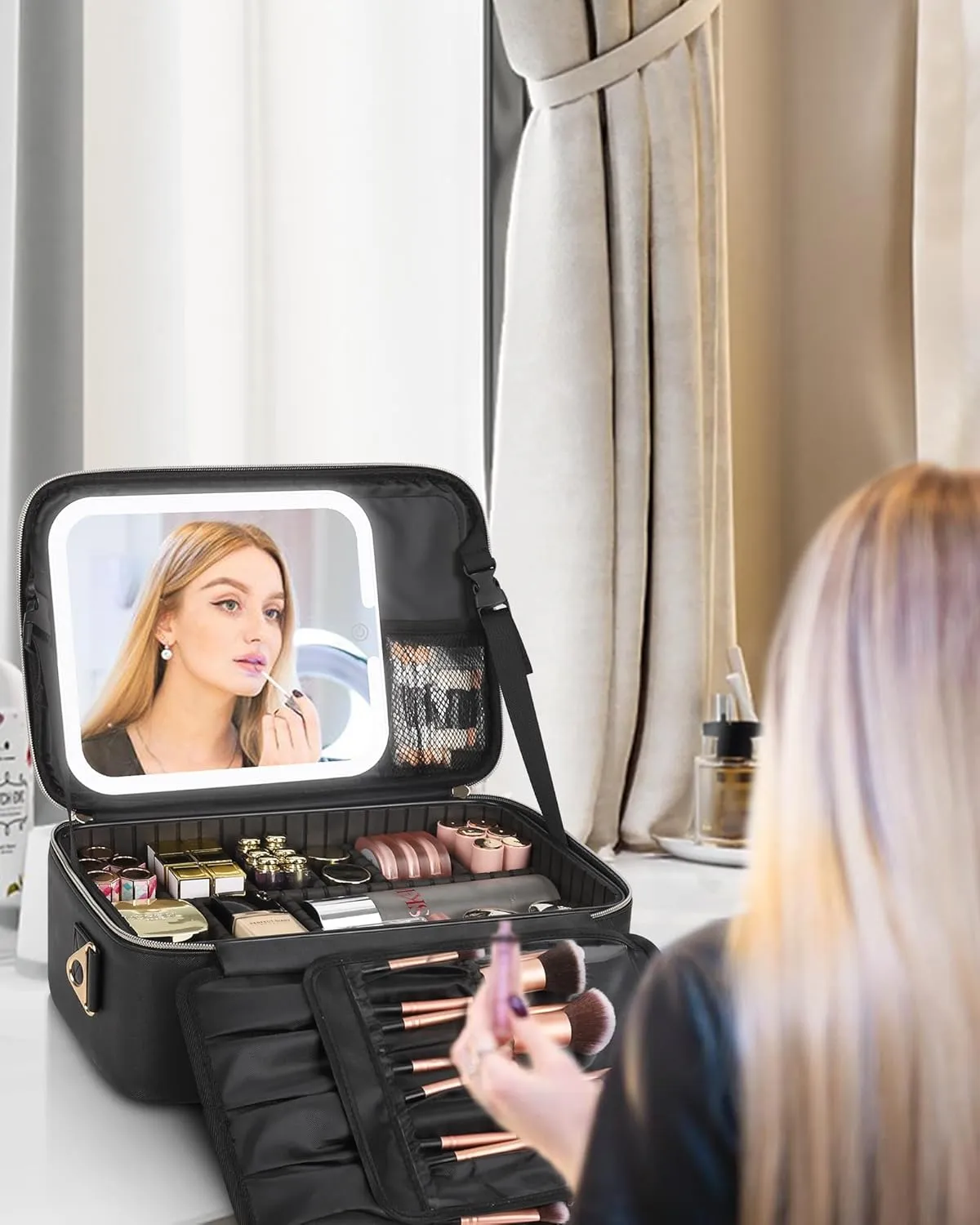 Relavel Makeup Bag with LED Mirror Travel Train Case Large Cosmetic Bags Organizer with Lighted Up Mirror with 3 Color Lights, Adjustable Brightness, Adjustable Dividers and Shoulder Strap (Black)