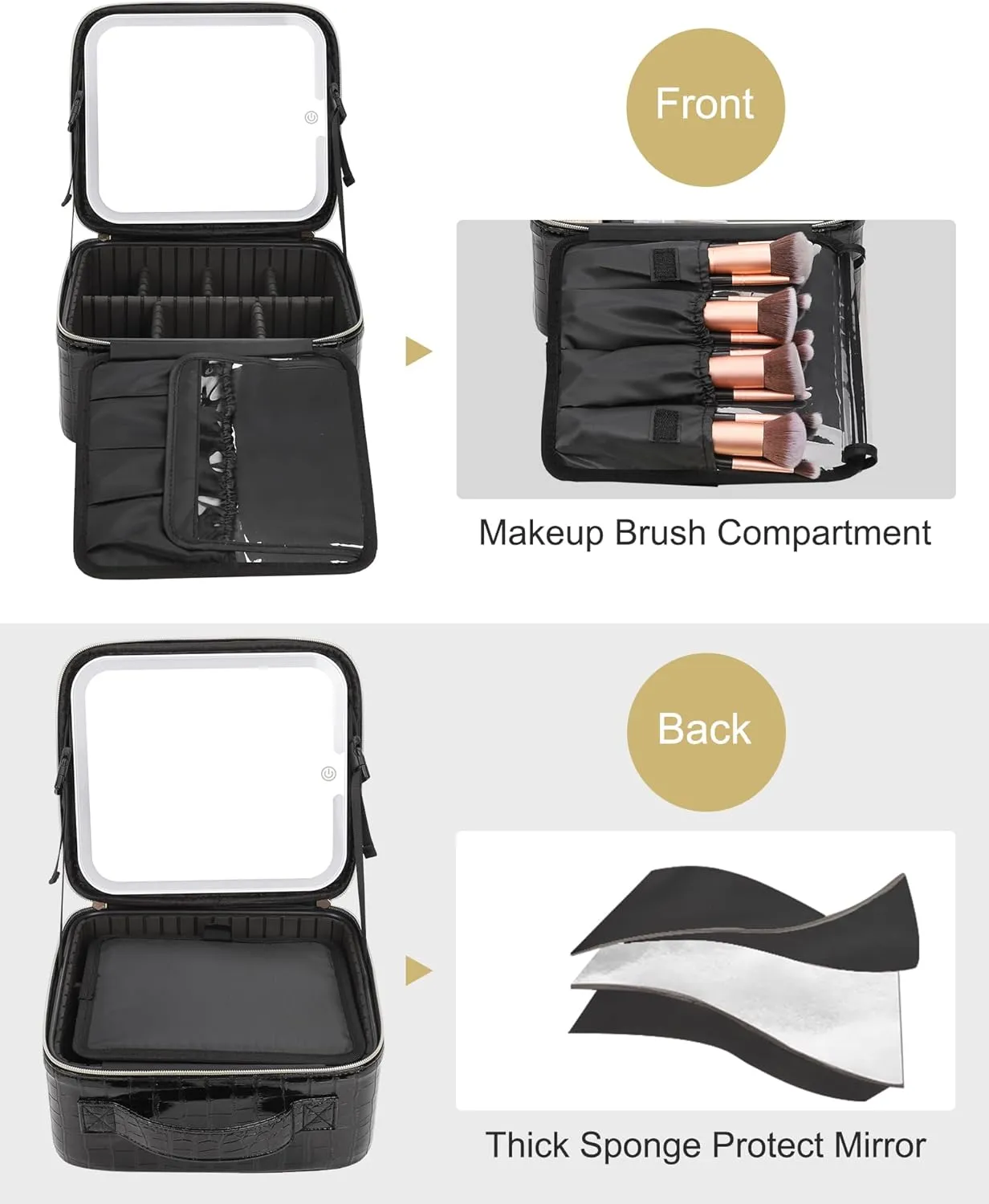 Relavel Makeup Bag With Light Up Mirror, Travel Cosmetic Case With Brush Organizer Storage Box, Rechargeable Vanity With 3 Color Lights, High Frame Protection (Crocodile Pattern)
