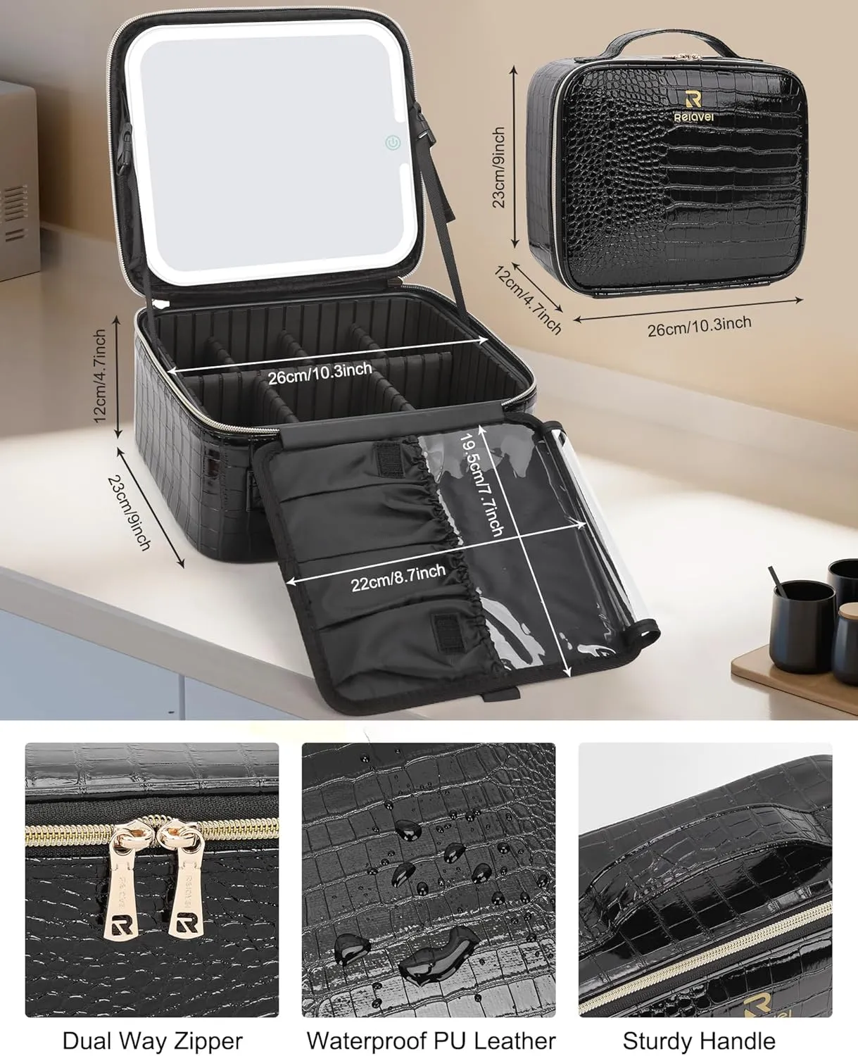 Relavel Makeup Bag With Light Up Mirror, Travel Cosmetic Case With Brush Organizer Storage Box, Rechargeable Vanity With 3 Color Lights, High Frame Protection (Crocodile Pattern)