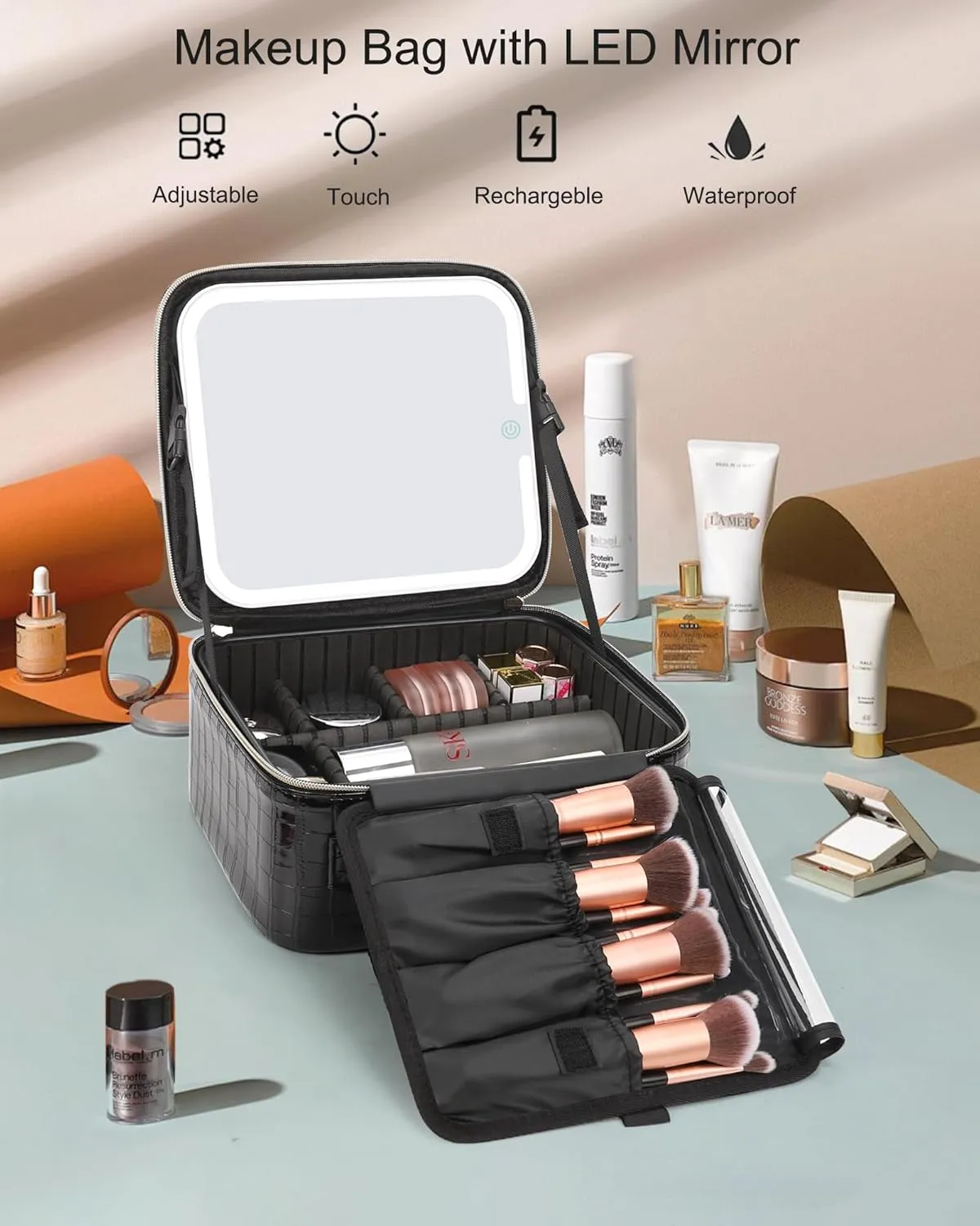 Relavel Makeup Bag With Light Up Mirror, Travel Cosmetic Case With Brush Organizer Storage Box, Rechargeable Vanity With 3 Color Lights, High Frame Protection (Crocodile Pattern)