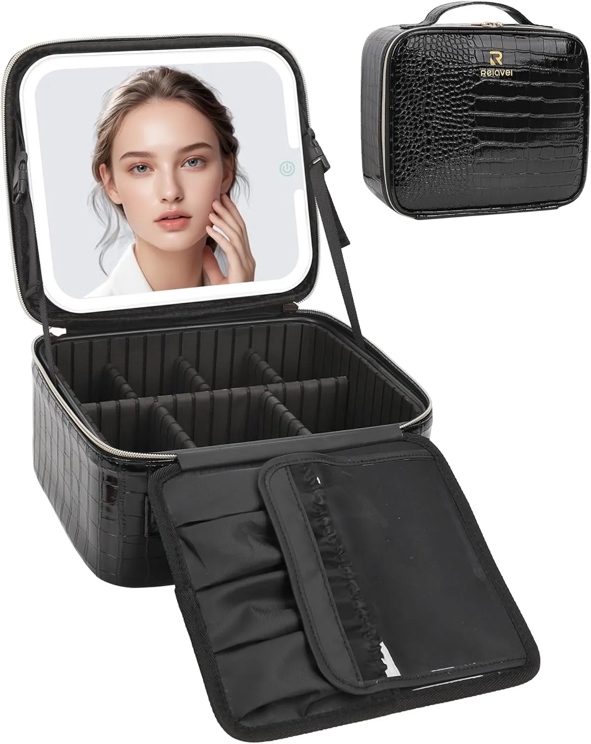 Relavel Makeup Bag With Light Up Mirror, Travel Cosmetic Case With Brush Organizer Storage Box, Rechargeable Vanity With 3 Color Lights, High Frame Protection (Crocodile Pattern)