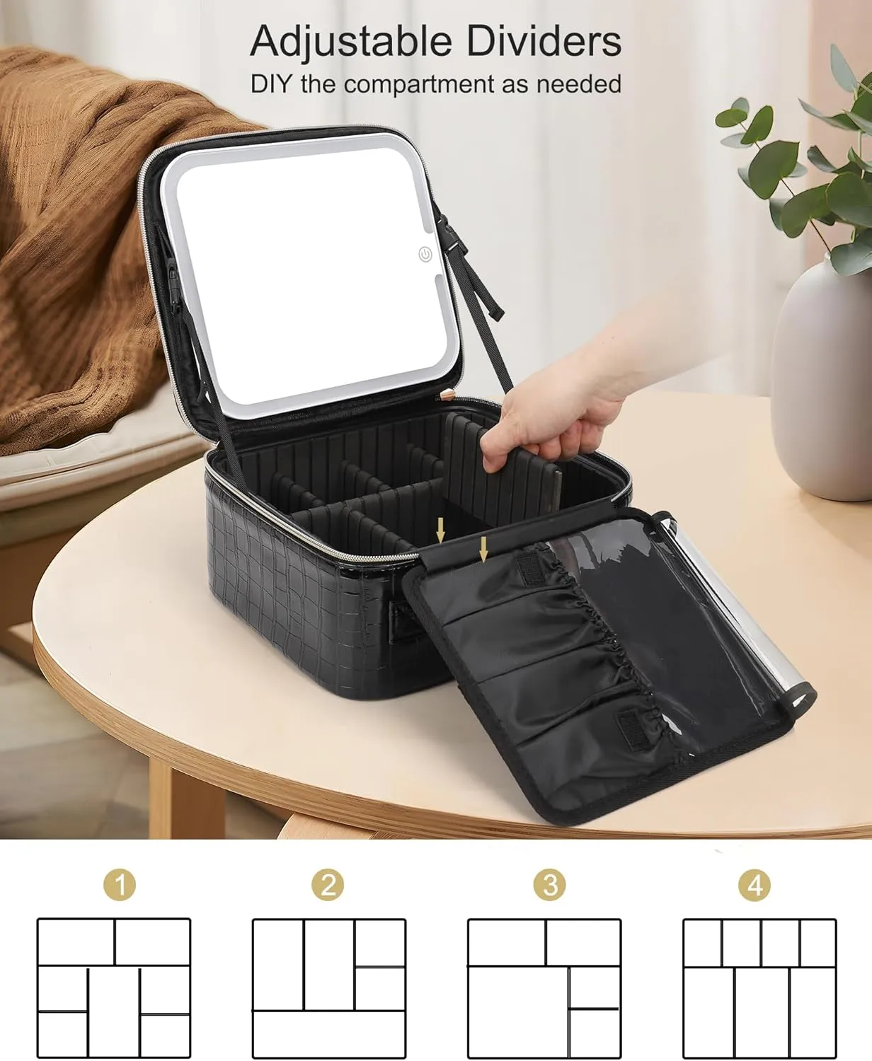 Relavel Makeup Bag With Light Up Mirror, Travel Cosmetic Case With Brush Organizer Storage Box, Rechargeable Vanity With 3 Color Lights, High Frame Protection (Crocodile Pattern)