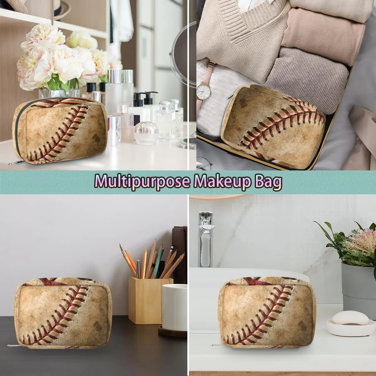Retro Baseball Travel Toiletry Bag for Boys Men, Waterproof Shaving Bag with Large Capacity for Travel,Sports,Shower, Cute Small Dopp Kit for Women