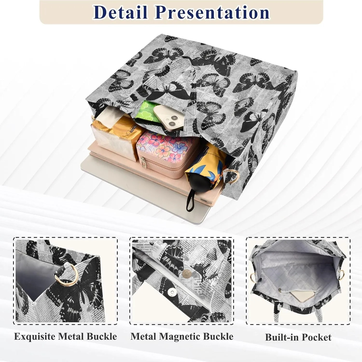 Retro Newspaper Butterfly Tote Bag Large Capacity for Women Handbag Corduroy Crossbody Shoulder Bag