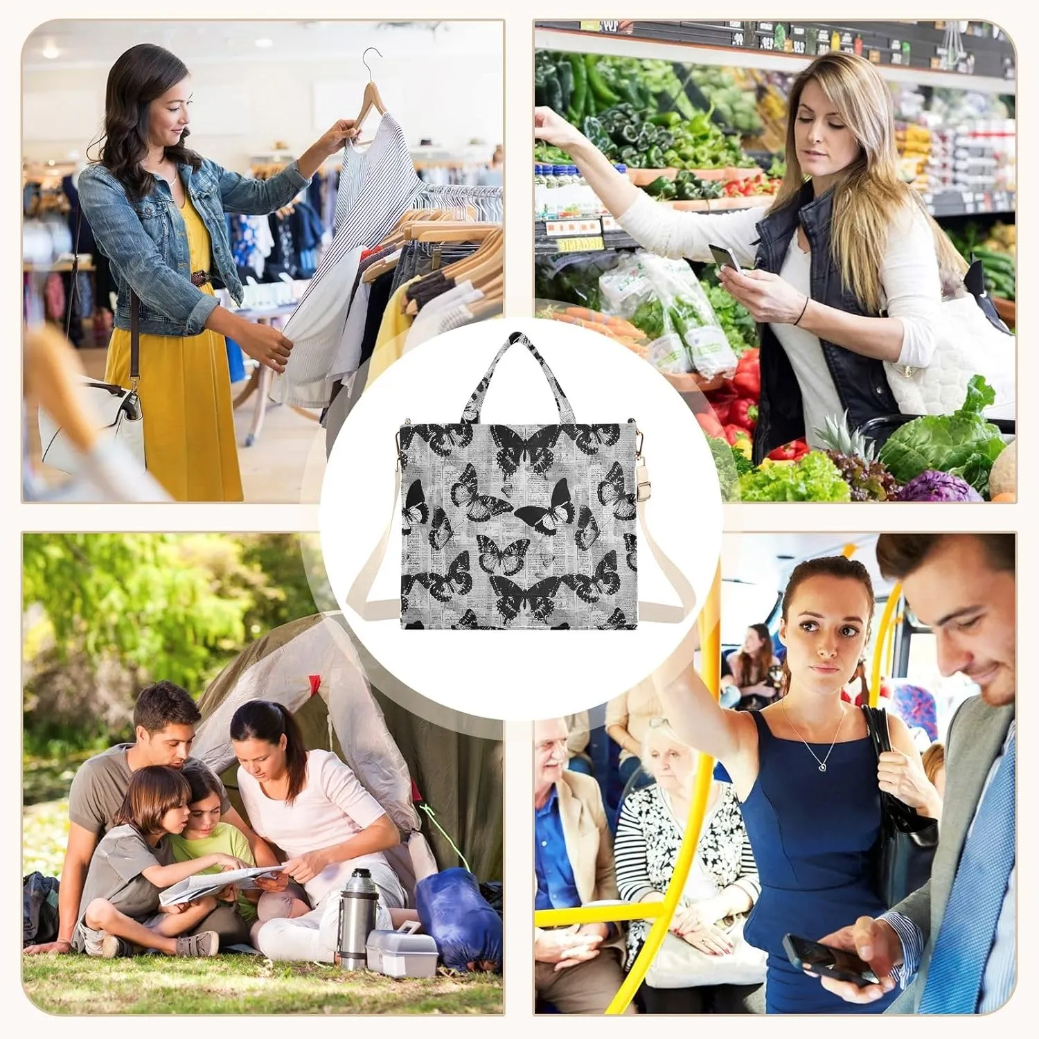 Retro Newspaper Butterfly Tote Bag Large Capacity for Women Handbag Corduroy Crossbody Shoulder Bag