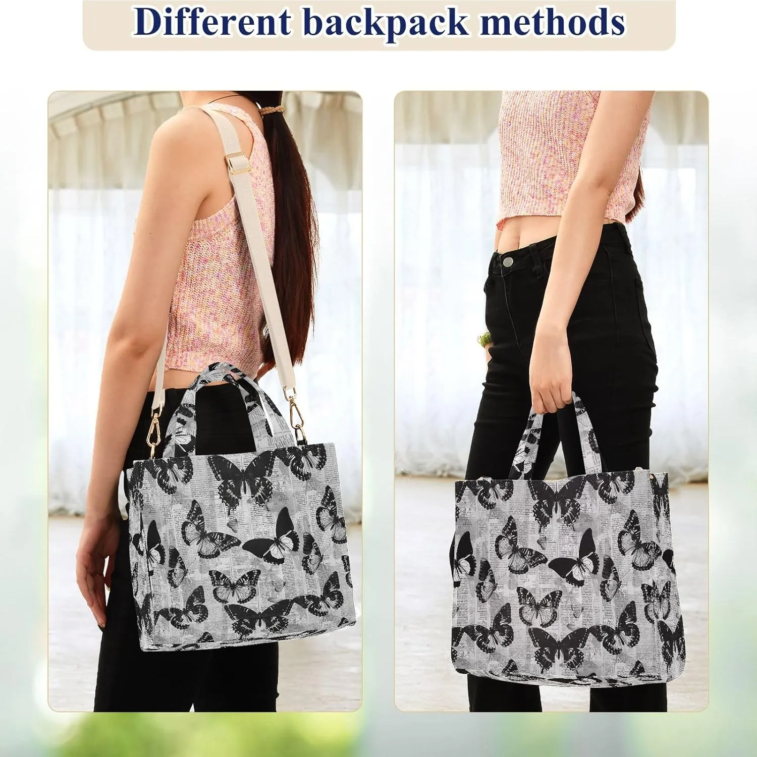 Retro Newspaper Butterfly Tote Bag Large Capacity for Women Handbag Corduroy Crossbody Shoulder Bag