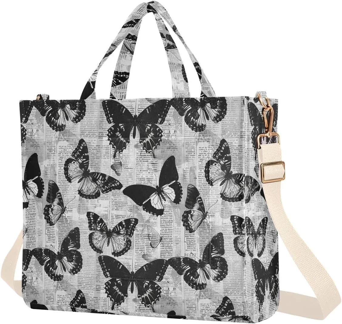 Retro Newspaper Butterfly Tote Bag Large Capacity for Women Handbag Corduroy Crossbody Shoulder Bag