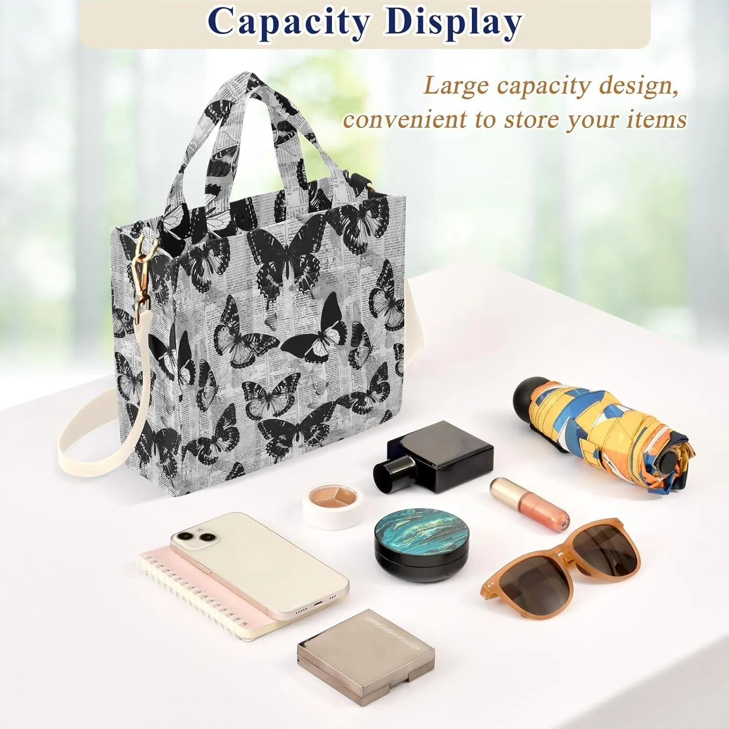 Retro Newspaper Butterfly Tote Bag Large Capacity for Women Handbag Corduroy Crossbody Shoulder Bag