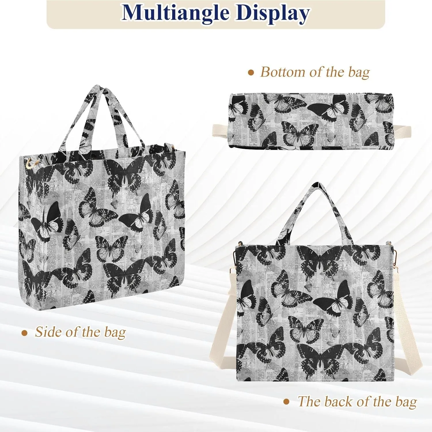 Retro Newspaper Butterfly Tote Bag Large Capacity for Women Handbag Corduroy Crossbody Shoulder Bag