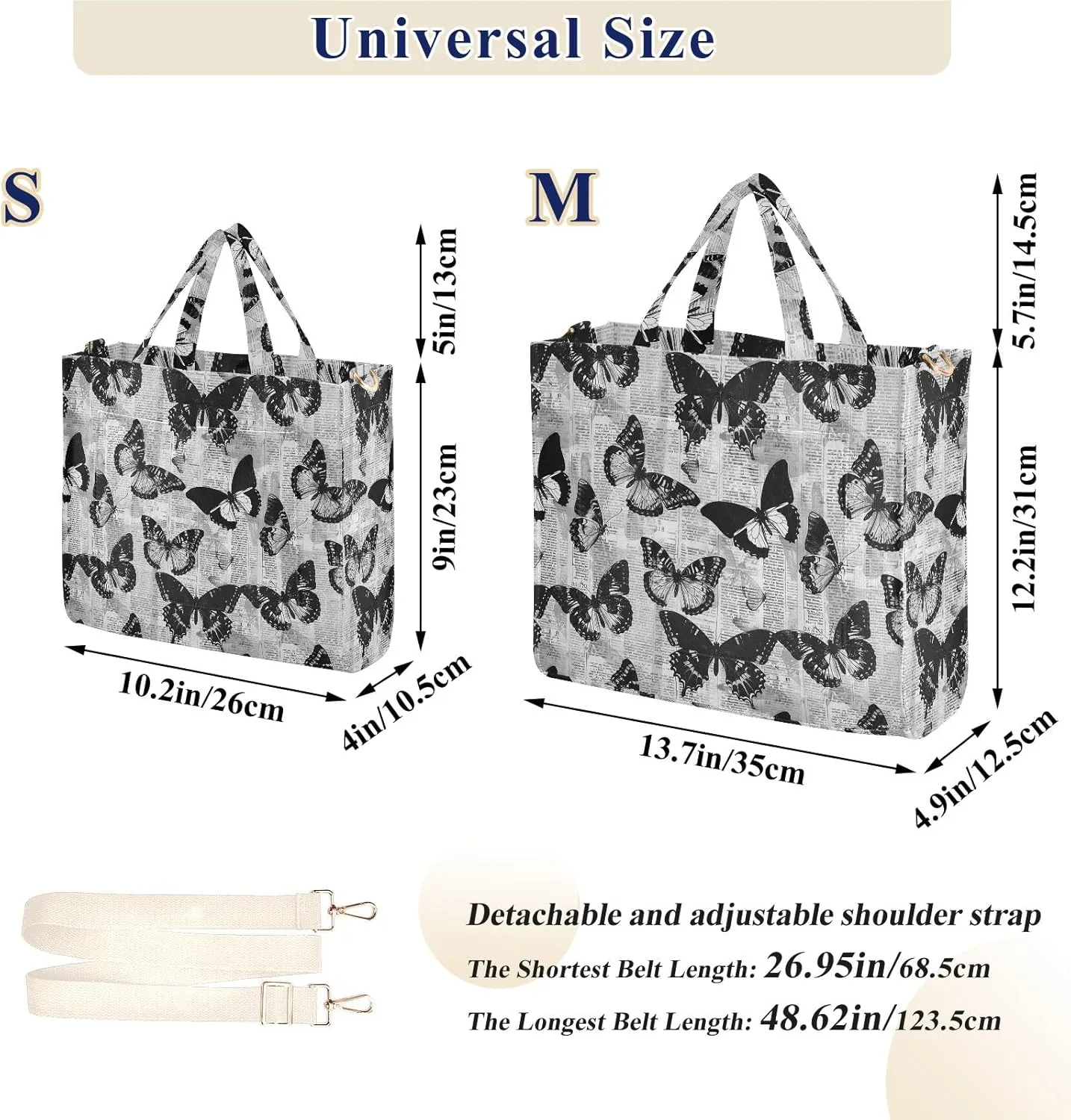 Retro Newspaper Butterfly Tote Bag Large Capacity for Women Handbag Corduroy Crossbody Shoulder Bag