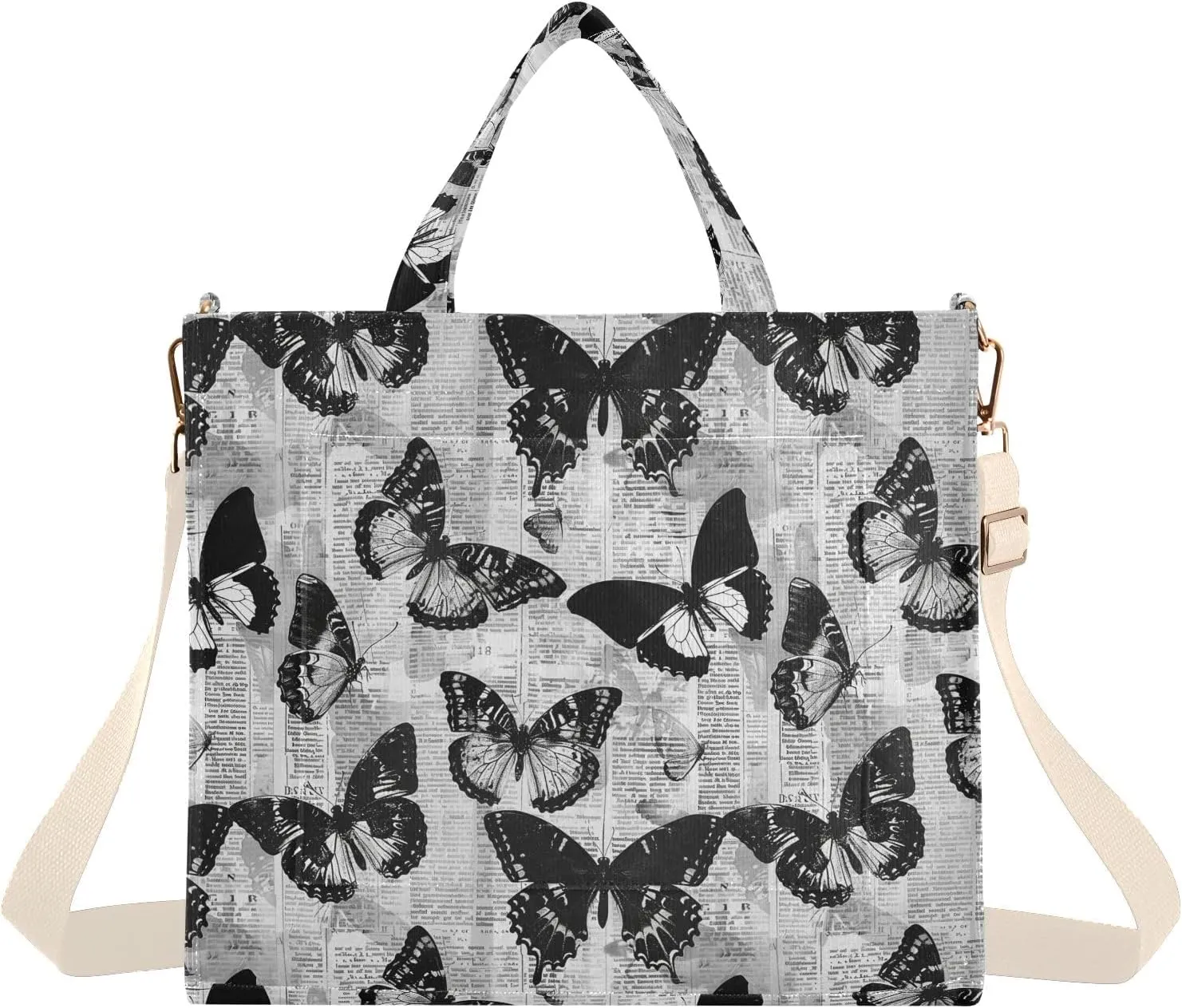 Retro Newspaper Butterfly Tote Bag Large Capacity for Women Handbag Corduroy Crossbody Shoulder Bag