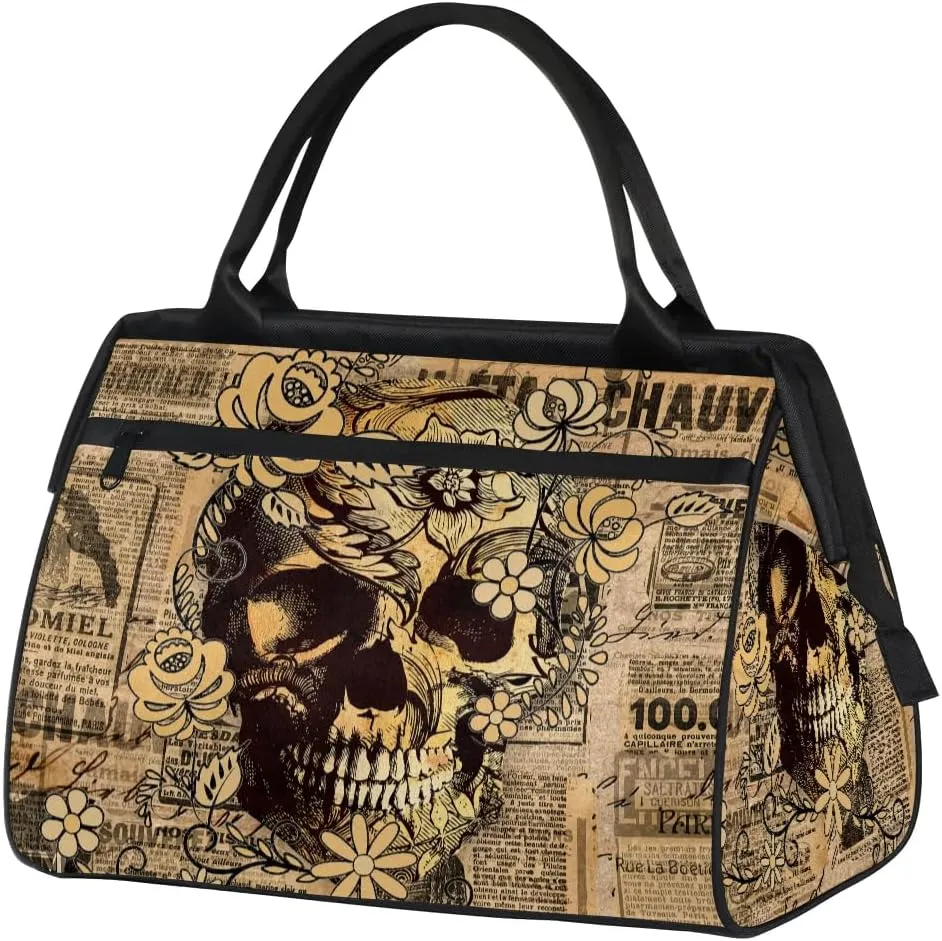 Retro Newspaper Skull Womens Weekender Overnight Bag Travel Duffel Bag Wide Open 25L Carry On Tote Bag Gym Duffle Bag for Women Teen Girls