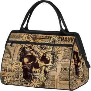 Retro Newspaper Skull Womens Weekender Overnight Bag Travel Duffel Bag Wide Open 25L Carry On Tote Bag Gym Duffle Bag for Women Teen Girls