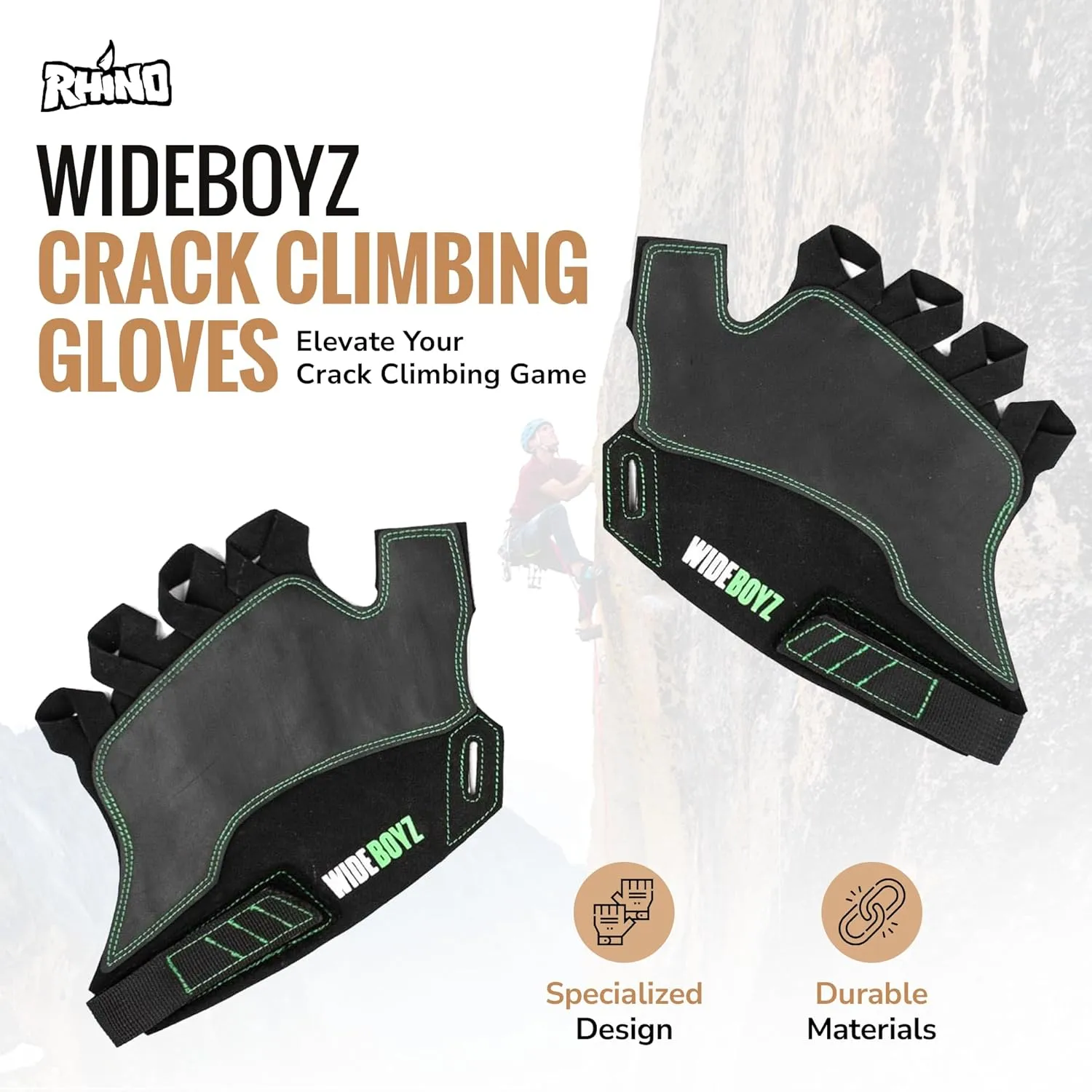 Rhino Skin Solutions Wideboyz Crack Climbing Gloves | Rock Climbing | Crack Climbing | Full Protection | Thumb Protection | Sticky Rubber