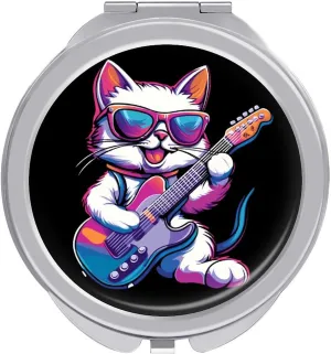 Rock Cat Playing Guitar Compact Makeup Mirror Mini Foldable Cosmetic Mirror Portable Travel Mirror for Purse Pocket