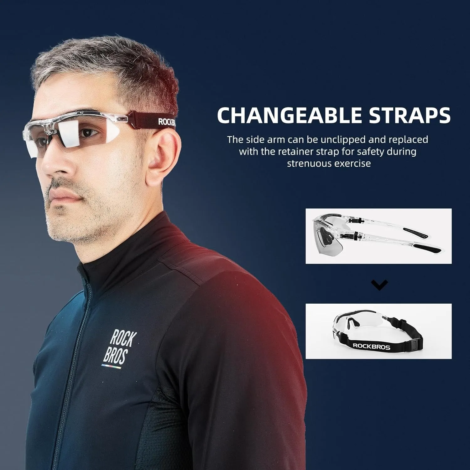 ROCKBROS Photochromic Sports Sunglasses Mens Pickleball Glasses Cycling Glasses MTB Sunglasses, with Removable Elasctic Band