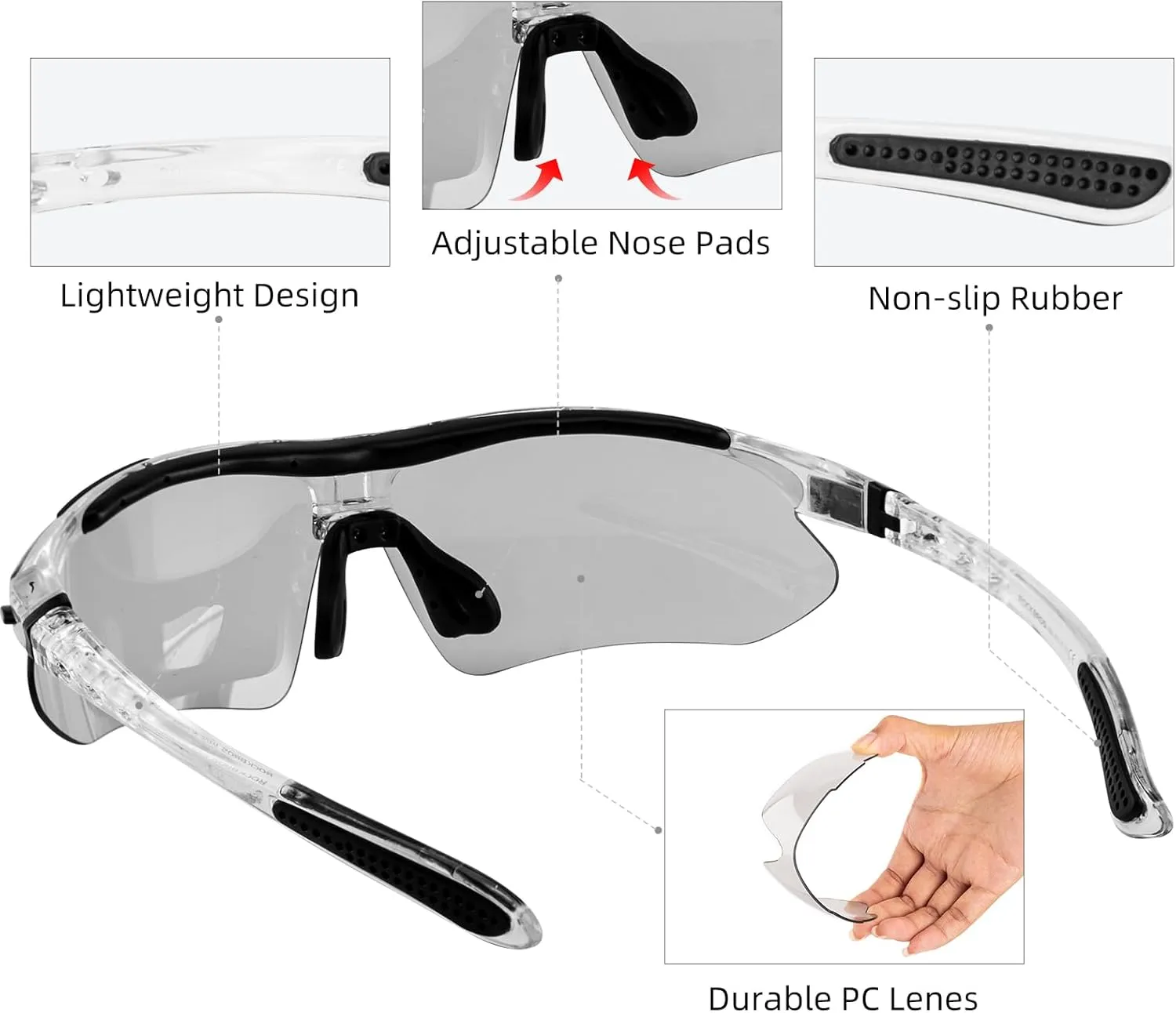 ROCKBROS Photochromic Sports Sunglasses Mens Pickleball Glasses Cycling Glasses MTB Sunglasses, with Removable Elasctic Band