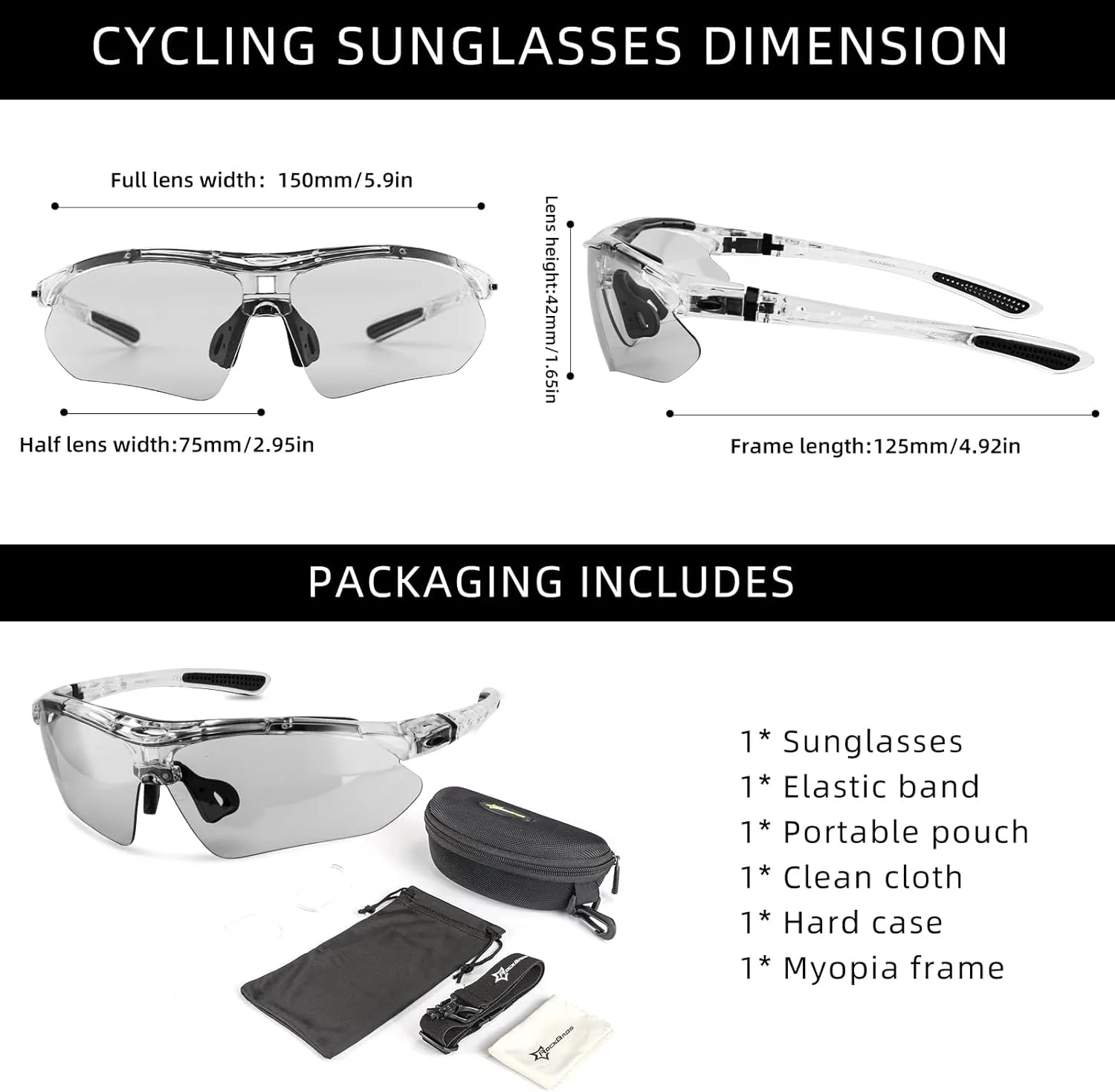 ROCKBROS Photochromic Sports Sunglasses Mens Pickleball Glasses Cycling Glasses MTB Sunglasses, with Removable Elasctic Band