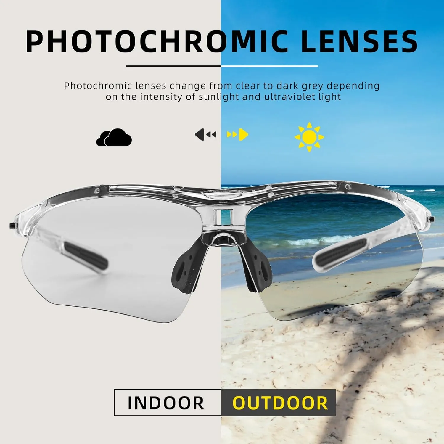 ROCKBROS Photochromic Sports Sunglasses Mens Pickleball Glasses Cycling Glasses MTB Sunglasses, with Removable Elasctic Band