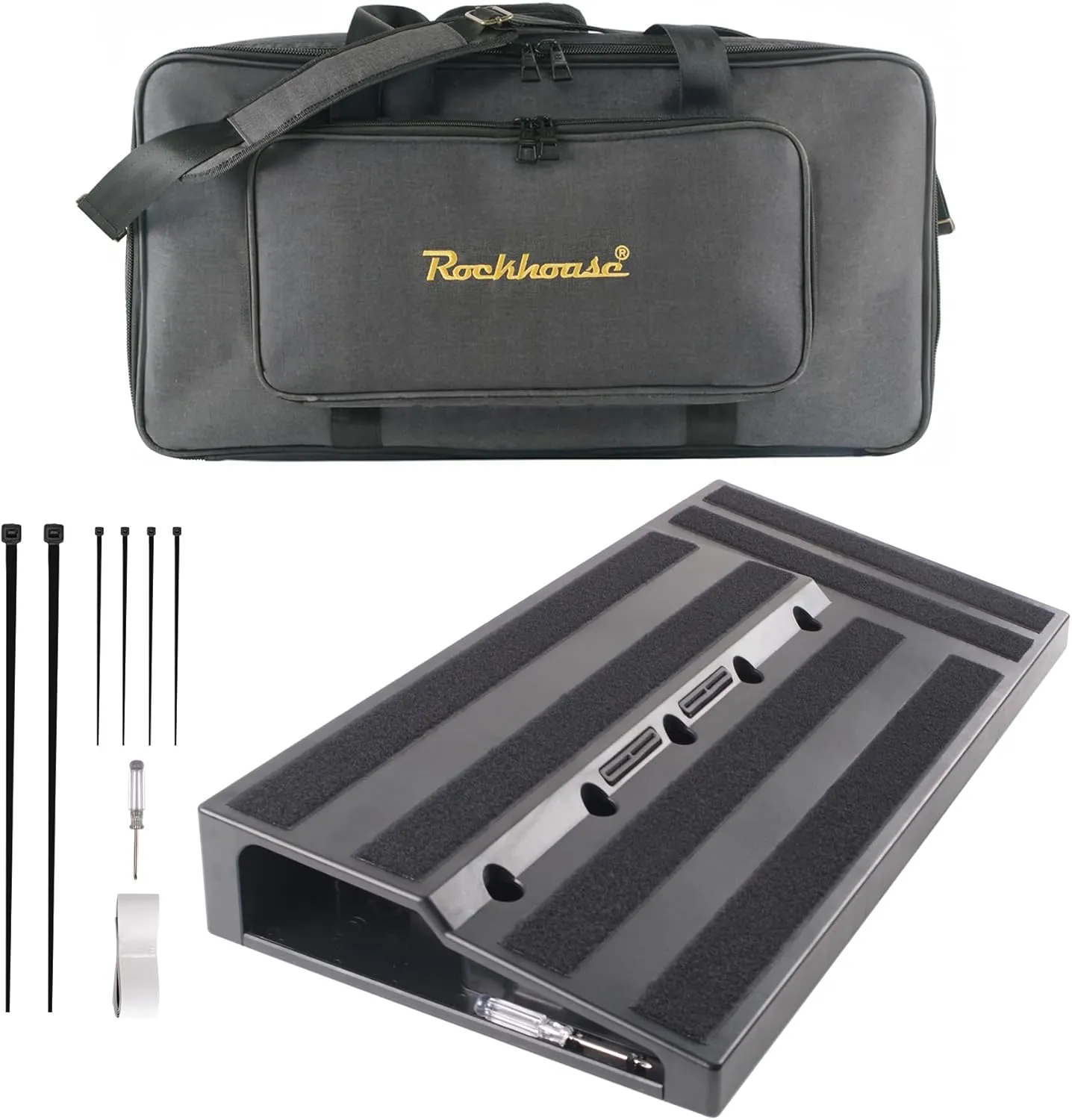 Rockhouse Guitar Pedal Board Case with Carrying Bag, Pedalboard 22'' x 11'' ABS Electric Guitar Effect Board with Power Supply Compartment, Gig Bag, Pick Slot, Cable Ties, Mounting Tape