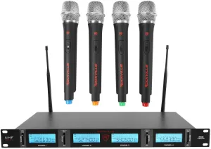 Rockville Quad UHF 4 Wireless Handheld Microphone System w/LCD Display (rwm4401uh)