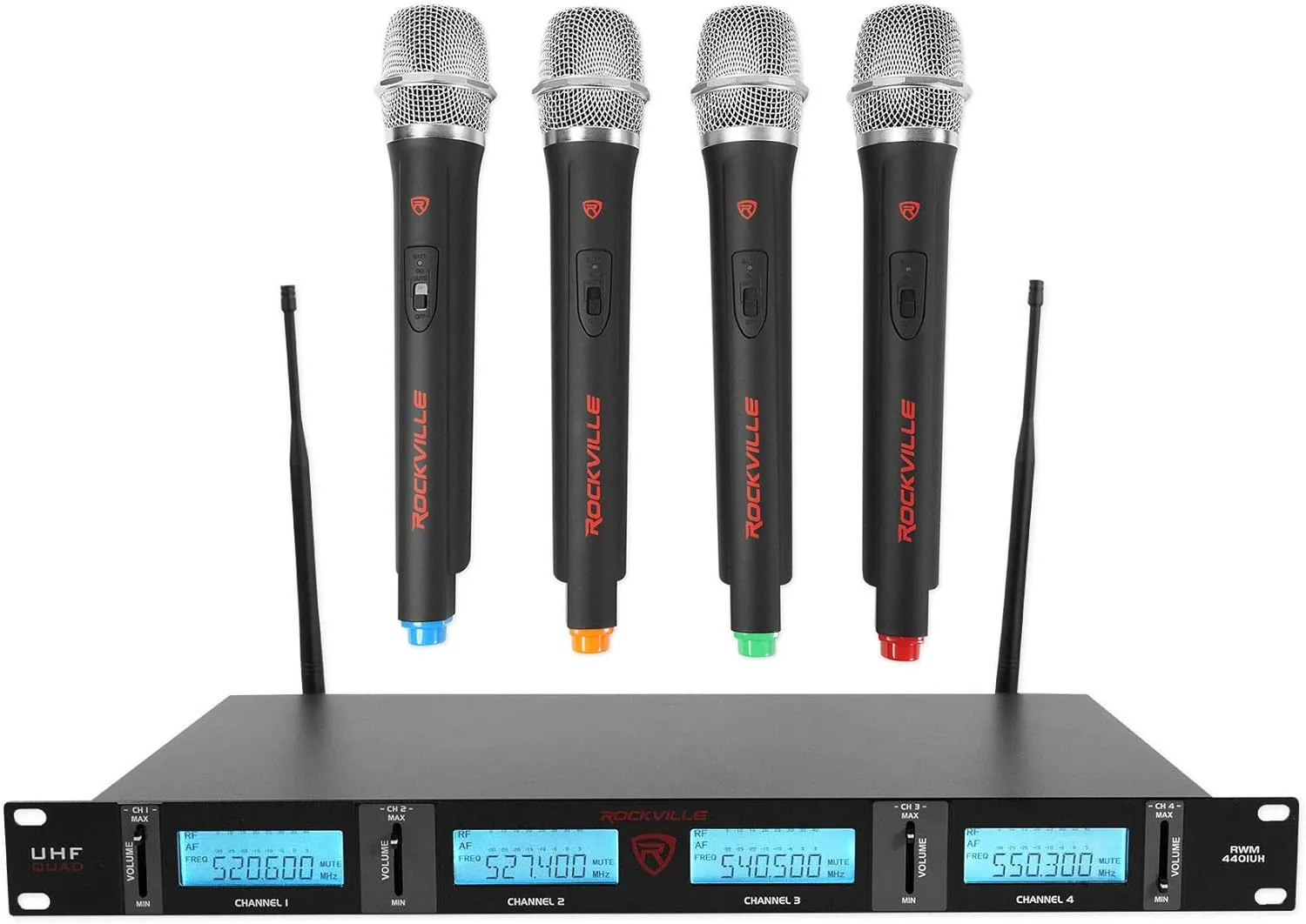 Rockville Quad UHF 4 Wireless Handheld Microphone System w/LCD Display (rwm4401uh)