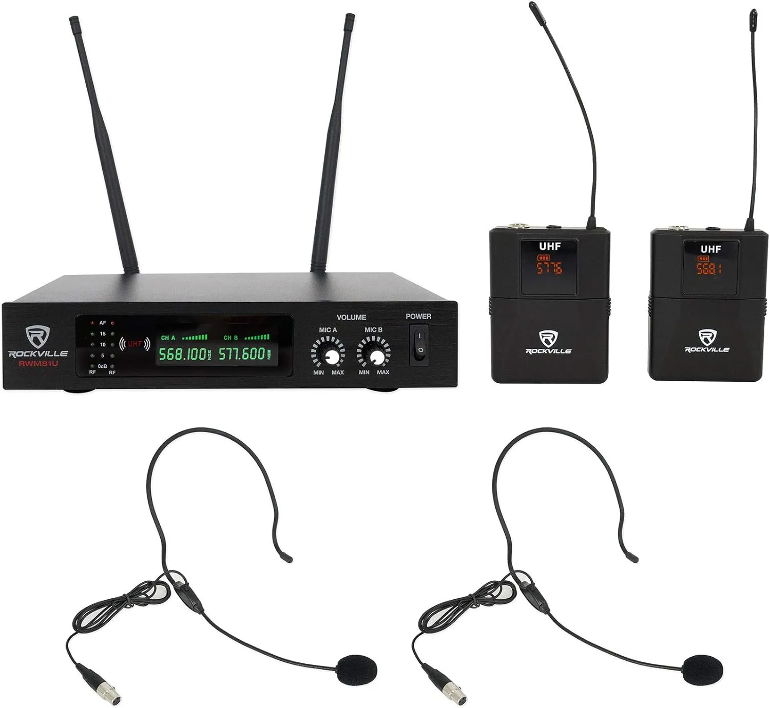 Rockville RWM81U Dual UHF Headset & Guitar Wireless Microphone System w/LCD