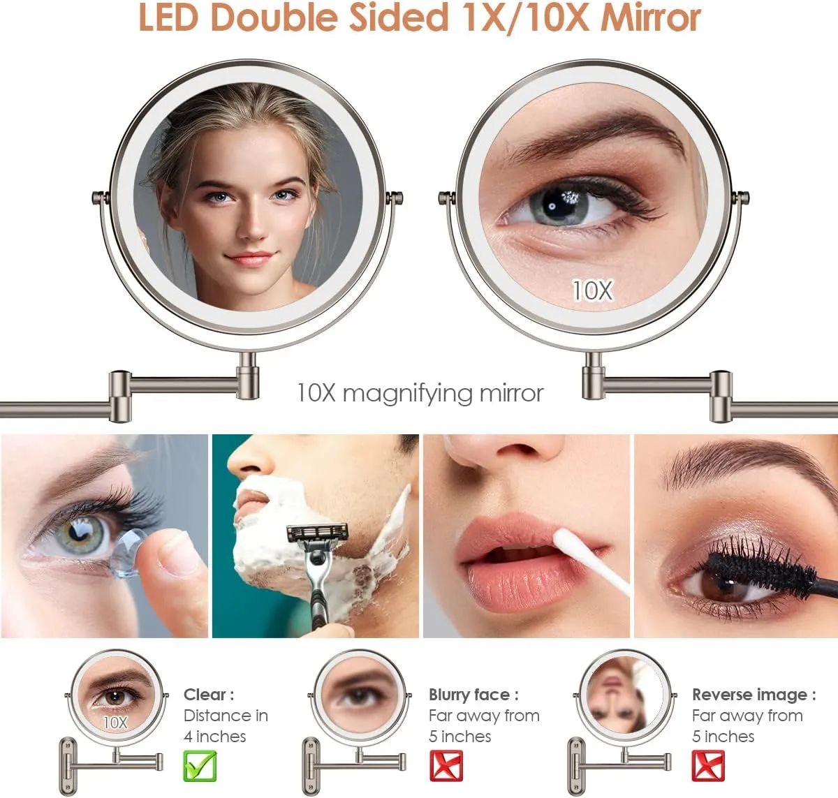 Rocollos Two-Fingers-Width Narrow Base Rechargeable Wall Mounted Lighted Makeup Mirror,3 Color Lights Dimmable Touch Screen,8 Inch LED Double Sided 1X/10X Magnifying Mirror 13 Inch Retractable