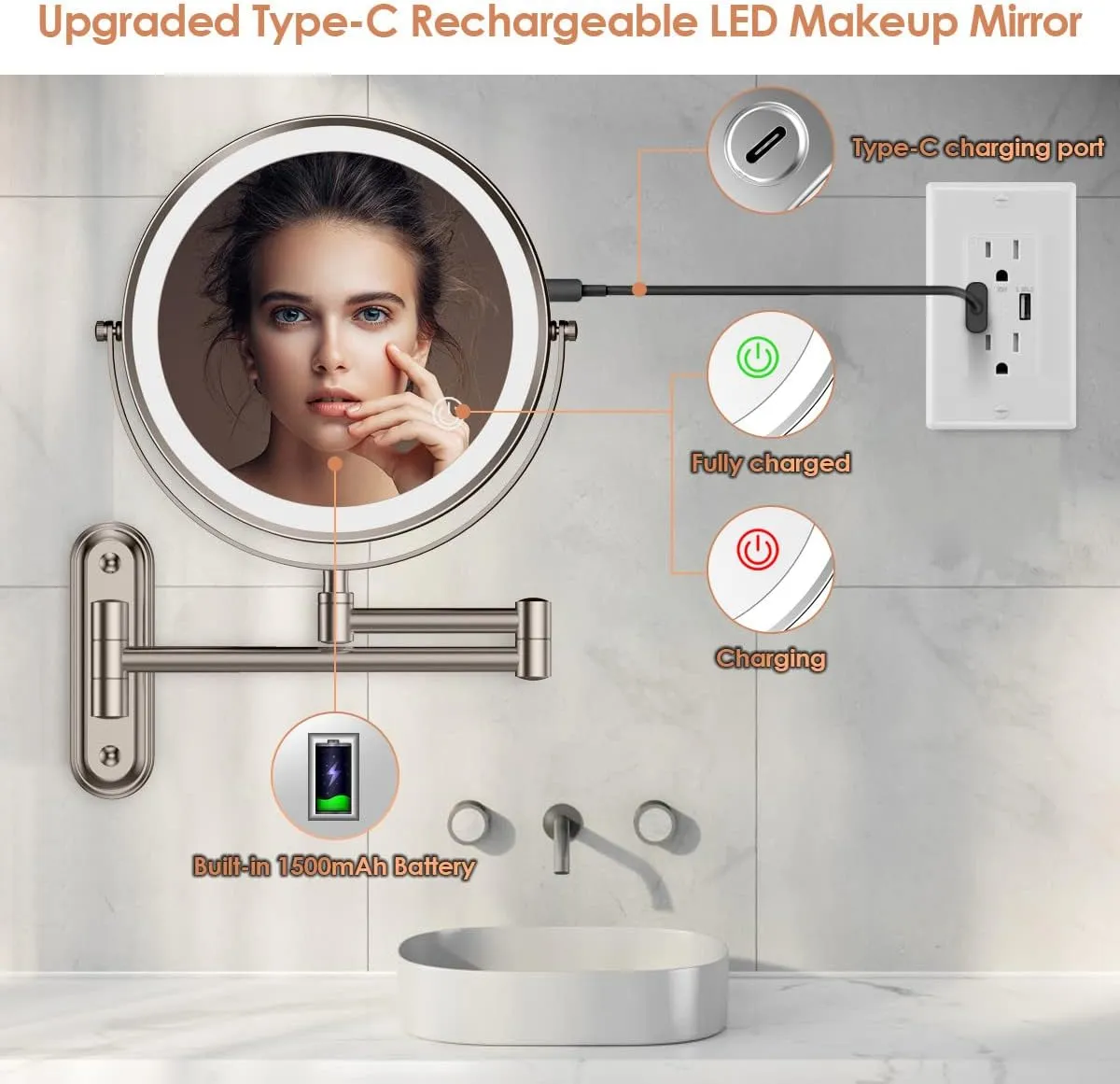 Rocollos Two-Fingers-Width Narrow Base Rechargeable Wall Mounted Lighted Makeup Mirror,3 Color Lights Dimmable Touch Screen,8 Inch LED Double Sided 1X/10X Magnifying Mirror 13 Inch Retractable