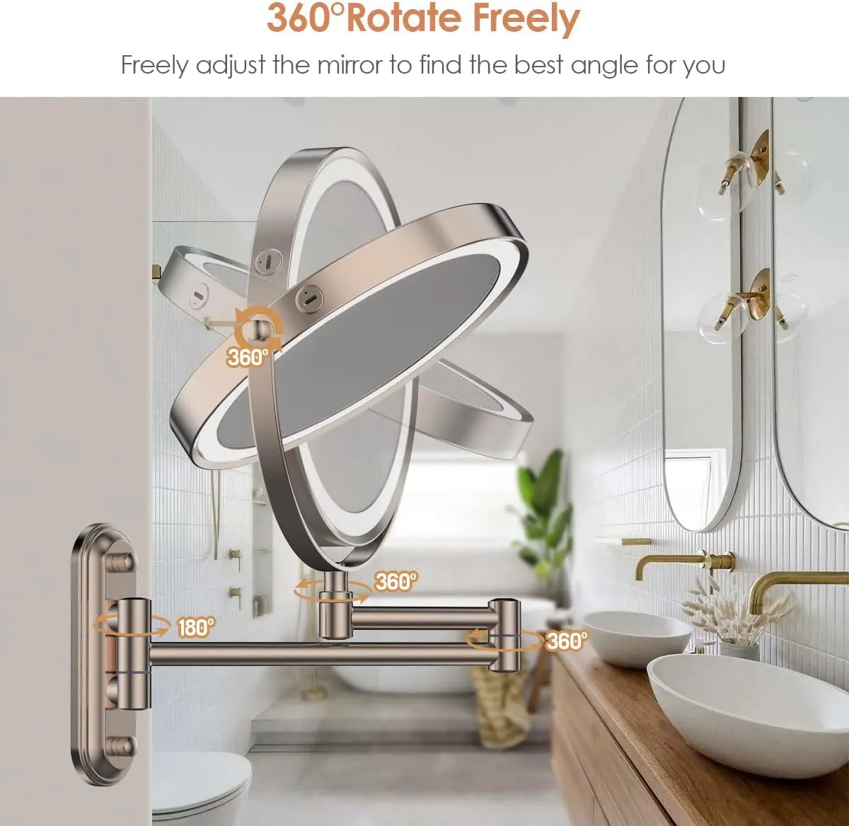 Rocollos Two-Fingers-Width Narrow Base Rechargeable Wall Mounted Lighted Makeup Mirror,3 Color Lights Dimmable Touch Screen,8 Inch LED Double Sided 1X/10X Magnifying Mirror 13 Inch Retractable