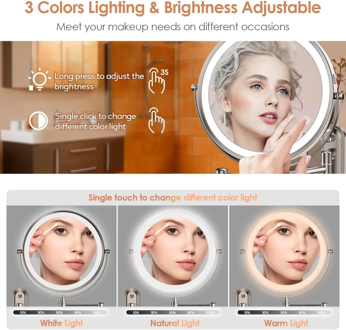 Rocollos Two-Fingers-Width Narrow Base Rechargeable Wall Mounted Lighted Makeup Mirror,3 Color Lights Dimmable Touch Screen,8 Inch LED Double Sided 1X/10X Magnifying Mirror 13 Inch Retractable