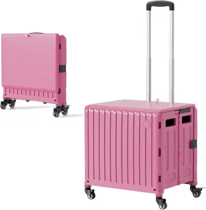 Rolling Cart for Teachers: Foldable Stair-Climbing Cart with Wheels Collapsible Crate Box for Grocery Shopping Office Files School Easter Basket Carrier|Rolling Tote with Lid Handle&Stair Climbing