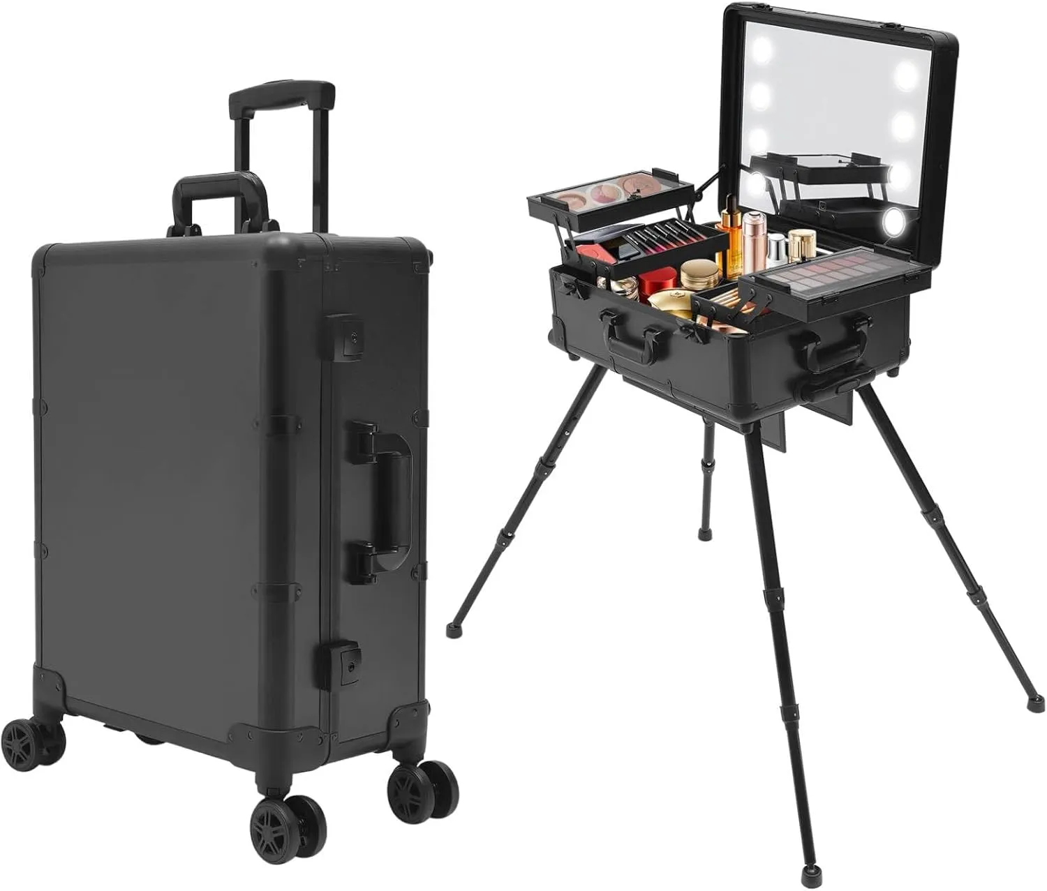 Rolling Makeup Case 22'' Cosmetic Organizer Case on Wheels with 8 LED Light Mirror, Professional Artist Trolley Organizer Studio with Adjustable Legs & Lock, Free Standing Box Cosmetic Case (Black)
