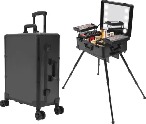 Rolling Makeup Case 22'' Cosmetic Organizer Case on Wheels with 8 LED Light Mirror, Professional Artist Trolley Organizer Studio with Adjustable Legs & Lock, Free Standing Box Cosmetic Case (Black)