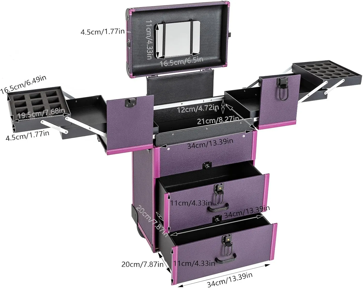 Rolling Makeup Case Makeup Train Case with Wheels Cosmetic Storage Cases Lockable Travel Case Make up Cosmetic Organizer Purple for Makeup Artists Hairdressers Beauticians Manicurists Beauty Lovers