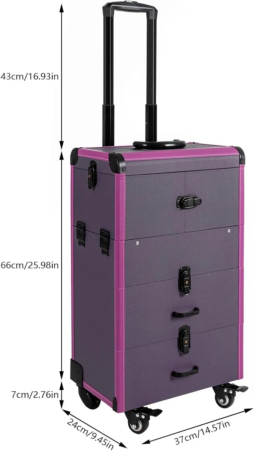 Rolling Makeup Case Makeup Train Case with Wheels Cosmetic Storage Cases Lockable Travel Case Make up Cosmetic Organizer Purple for Makeup Artists Hairdressers Beauticians Manicurists Beauty Lovers