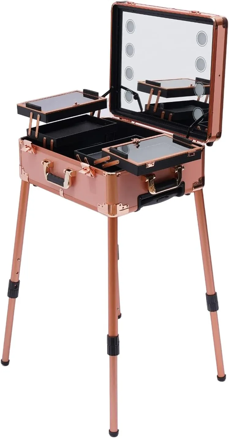 Rolling Makeup Case W/Led and Mirror,Portable Rolling Makeup Train Case Height Adjustable,Cosmetic Trolley Travel Storage Organizer Box with Wheels