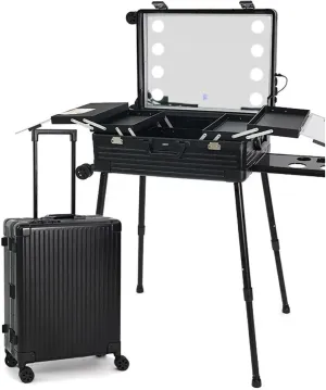 Rolling Makeup CaseRolling Makeup Train CaseAluminium Illuminated Makeup Train Case With LED LightsProfessional Makeup OrganiserStudio Lockable Portable Makeup Storage Case(22in)
