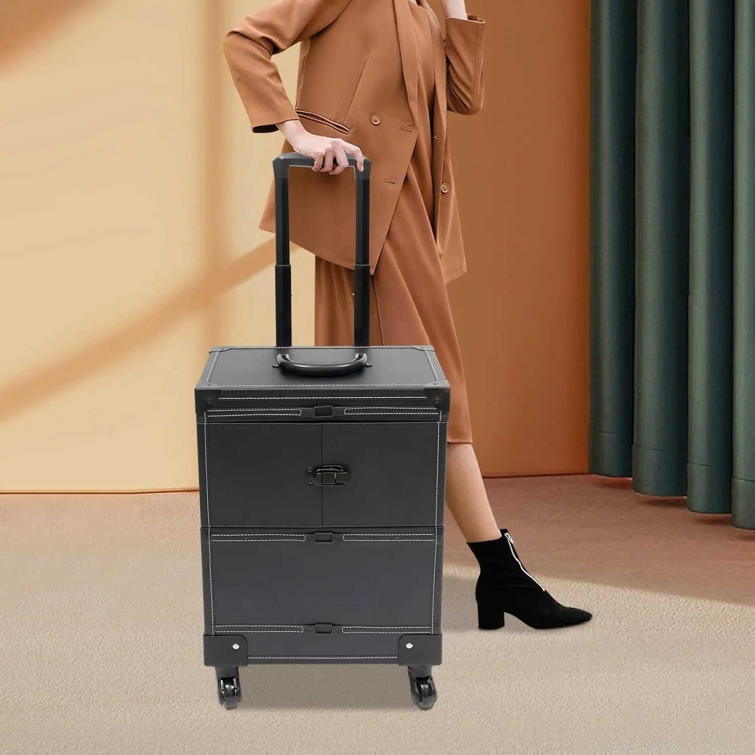 Rolling Makeup Train Case, Large Capacity Trolley Makeup Travel Case with Mirror Key Wheel, Professional Cosmetic Organizer for Make-Up Artist Hairdresser Nail Technician Beautician (Black)
