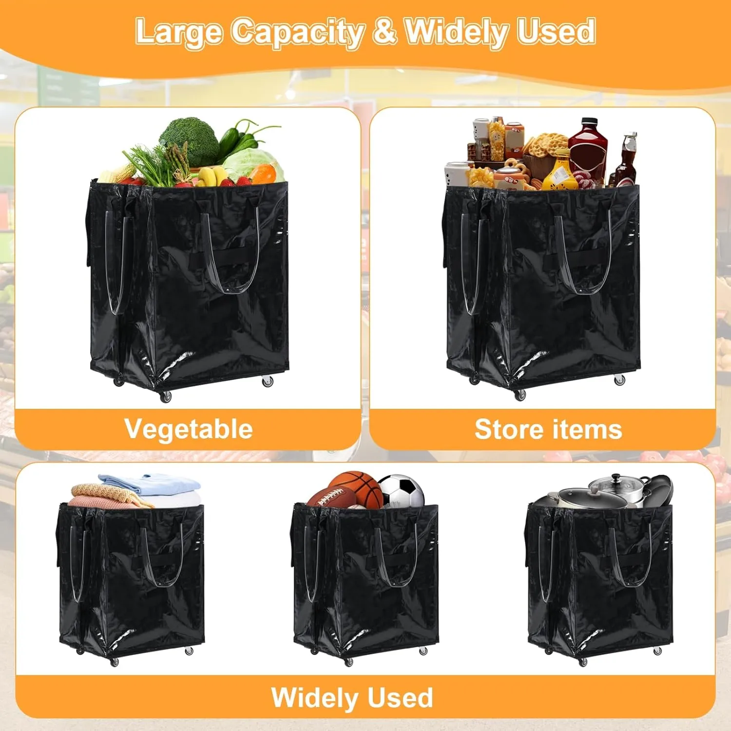 Rolling Shopping Bag, Heavy Duty Insulated Grocery Bag with All-Terrain Wheels, Collapsible Camping Cart Design for Outdoor Camping & Picnics, Rolling Tote with Unbreakable Handles Black Lar