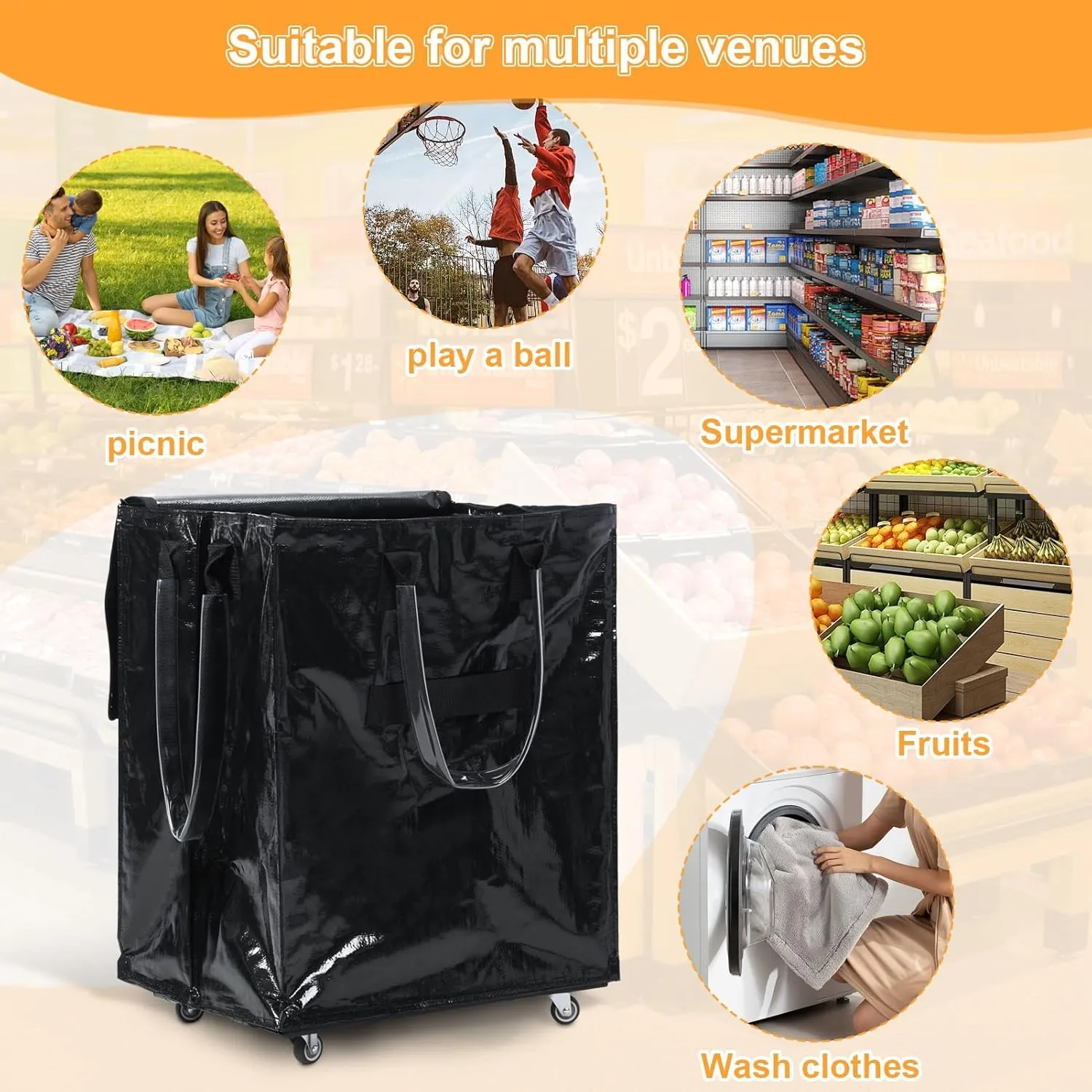 Rolling Shopping Bag, Heavy Duty Insulated Grocery Bag with All-Terrain Wheels, Collapsible Camping Cart Design for Outdoor Camping & Picnics, Rolling Tote with Unbreakable Handles Black Lar