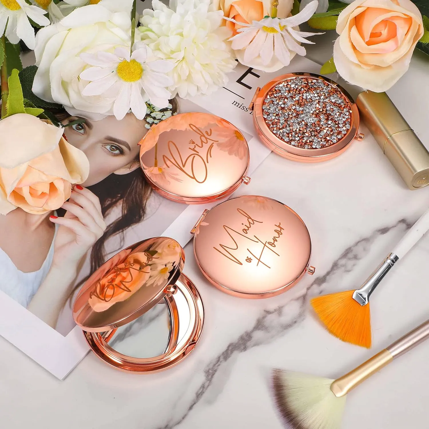 Roowest 8 Pieces Bridesmaid Wedding Mirrors Bride Bridesmaid Gifts Pocket Compact Mirror Bulk Magnifying Makeup Portable Folding Handheld for Bridal Shower Thank You Gifts Women(Rose Gold)