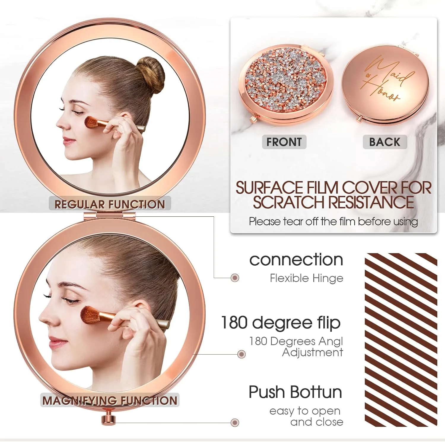 Roowest 8 Pieces Bridesmaid Wedding Mirrors Bride Bridesmaid Gifts Pocket Compact Mirror Bulk Magnifying Makeup Portable Folding Handheld for Bridal Shower Thank You Gifts Women(Rose Gold)