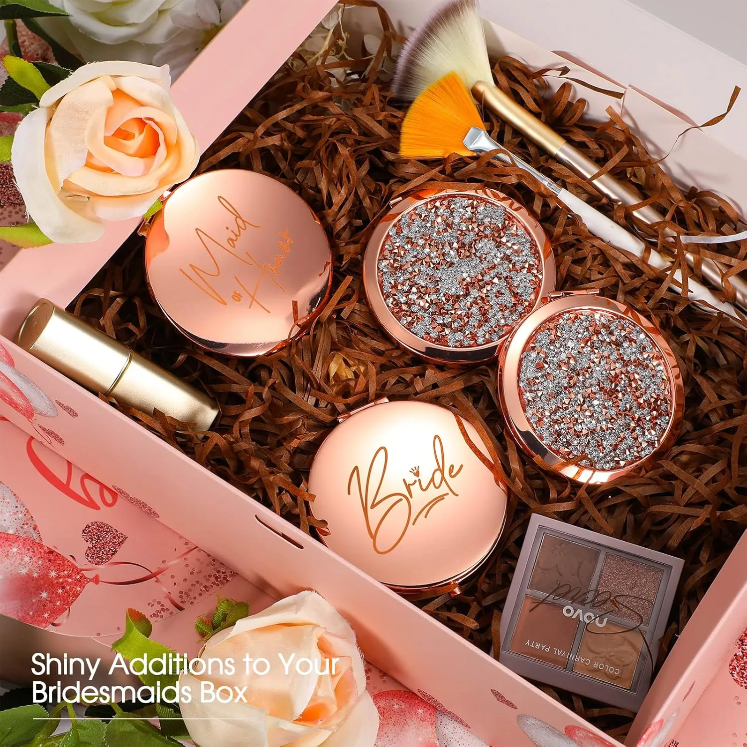 Roowest 8 Pieces Bridesmaid Wedding Mirrors Bride Bridesmaid Gifts Pocket Compact Mirror Bulk Magnifying Makeup Portable Folding Handheld for Bridal Shower Thank You Gifts Women(Rose Gold)
