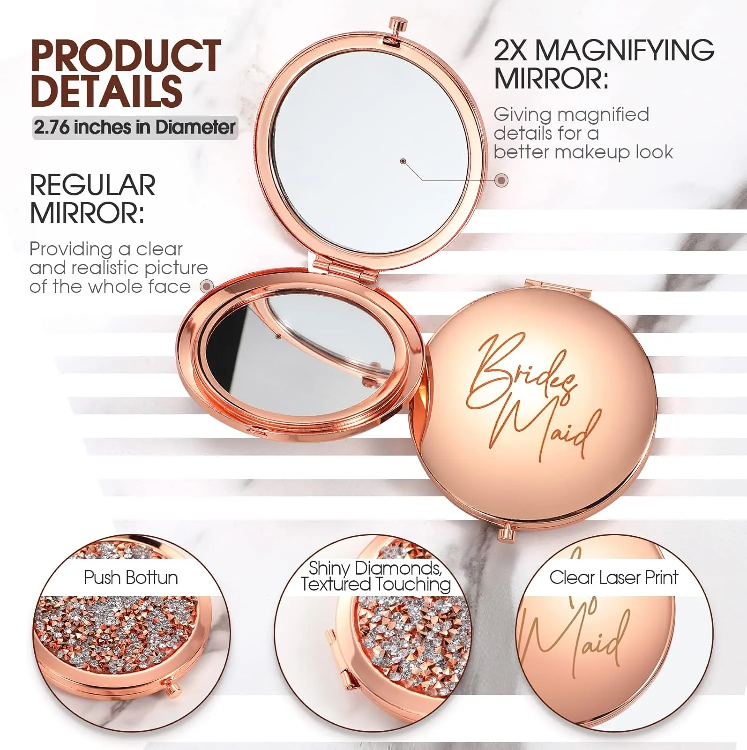 Roowest 8 Pieces Bridesmaid Wedding Mirrors Bride Bridesmaid Gifts Pocket Compact Mirror Bulk Magnifying Makeup Portable Folding Handheld for Bridal Shower Thank You Gifts Women(Rose Gold)