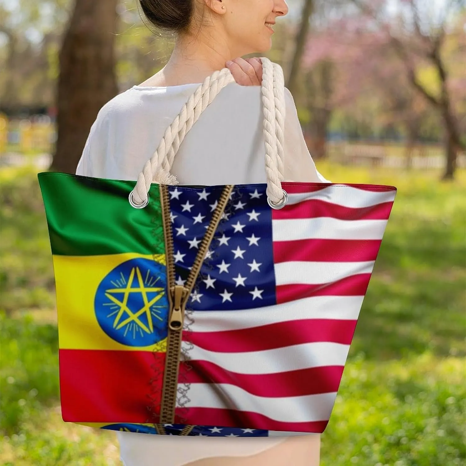 Rope Bag Women Men Beach Tote Bag with Hemp Rope Handle Top Zipper Boat Bag Large Capacity Handbag