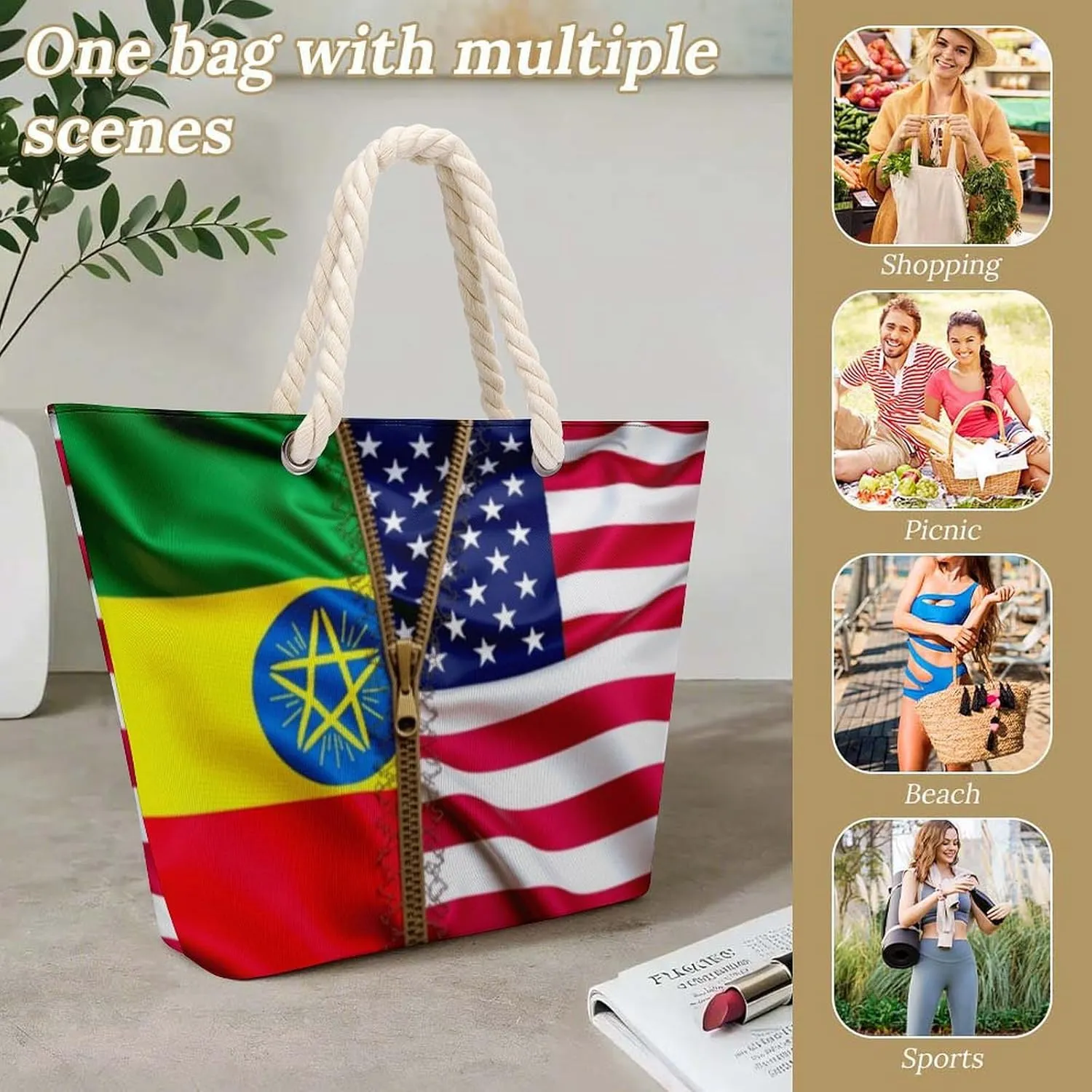 Rope Bag Women Men Beach Tote Bag with Hemp Rope Handle Top Zipper Boat Bag Large Capacity Handbag