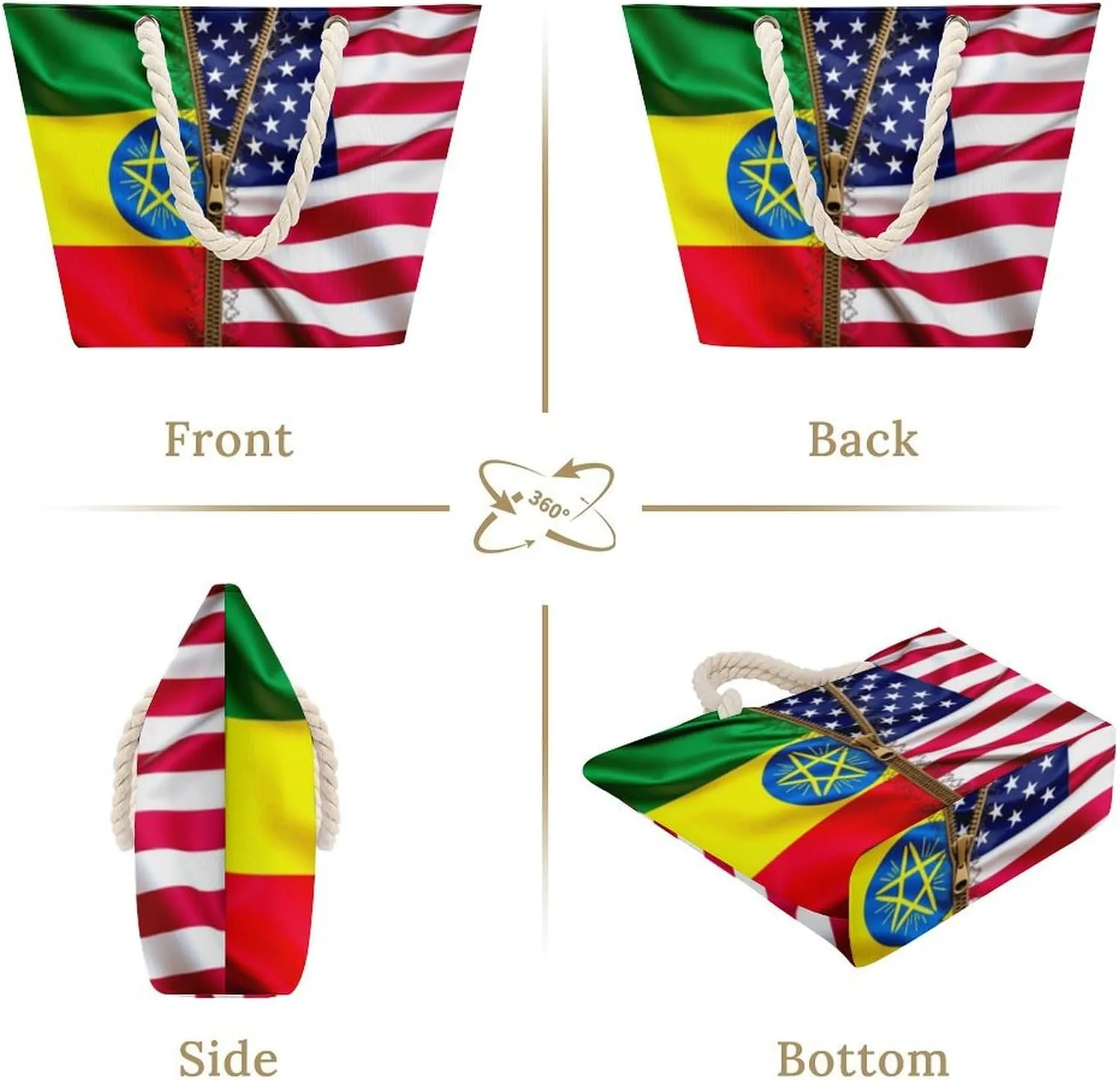 Rope Bag Women Men Beach Tote Bag with Hemp Rope Handle Top Zipper Boat Bag Large Capacity Handbag